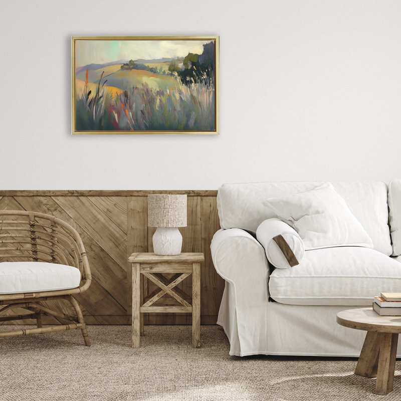Cadre flottant Tranquil Plains Landscape, design par Elara Yasna, H 17 po x l 25 po, Cadre flottant métallique doré