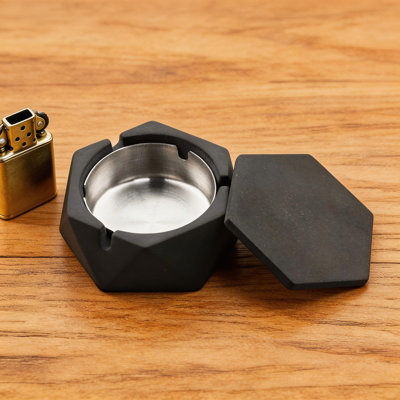 Stainless Steel Ashtray With Concrete Accents, Cool Industrial Style, With Lid To Keep Dust Out, Suitable For Both Office And Home Use.
