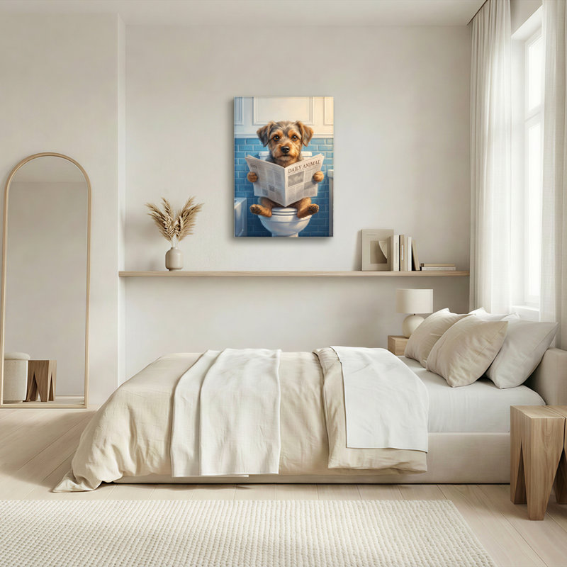 Tableau mural en toile tendue représentant un chien lisant le journal, décoration de salle de bain, H 18 po x l 12 po