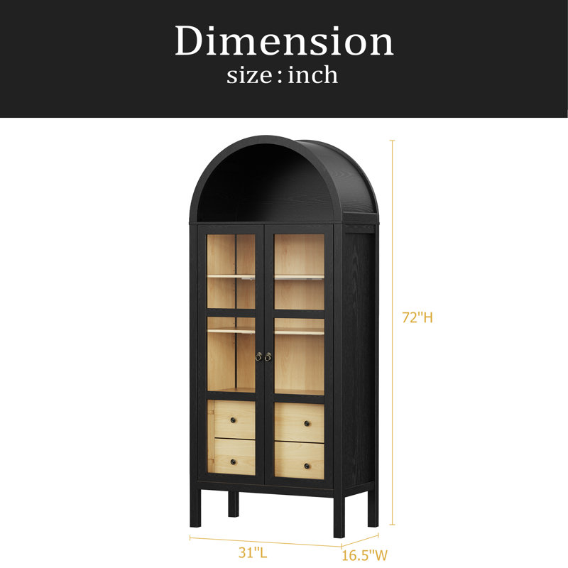 Modern Arched Cabinet With Glass Doors,72" Tall Auto Sensor Light Farmhouse Arch Storage Cabinet With Height Adjustable Shelf And 2 Drawers Display Bookshelf