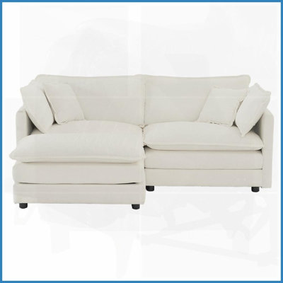 White Chenille 2-Seater L-Shaped Sectional Sofa with Ottoman - Modern Small Living Space Couch with Sturdy Wood Frame