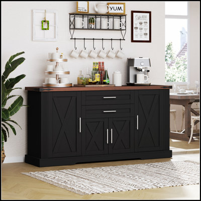 63-Inch Farmhouse Barn Door Storage Cabinet With 2 Drawers, Adjustable Shelves, And Door Rack For Versatile Home Organization