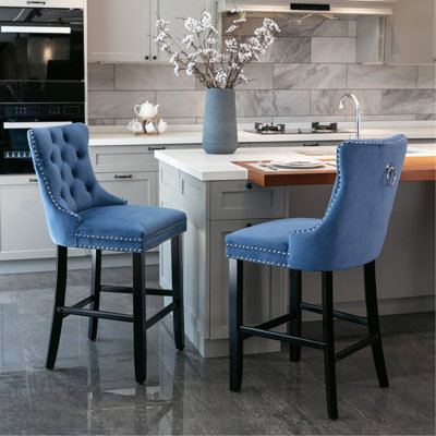 Contemporary Velvet Upholstered Barstools With Button Tufted Decoration And Wooden Legs, And Chrome Nailhead Trim, Leisure Style Bar Chairs,Bar Stools, Set Of 2