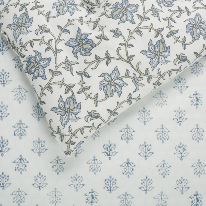 Ensemble d'édredon réversible floral, Brume bleue / floral vert sauge, Édredon pour grand lit + 2 taies décoratives pou