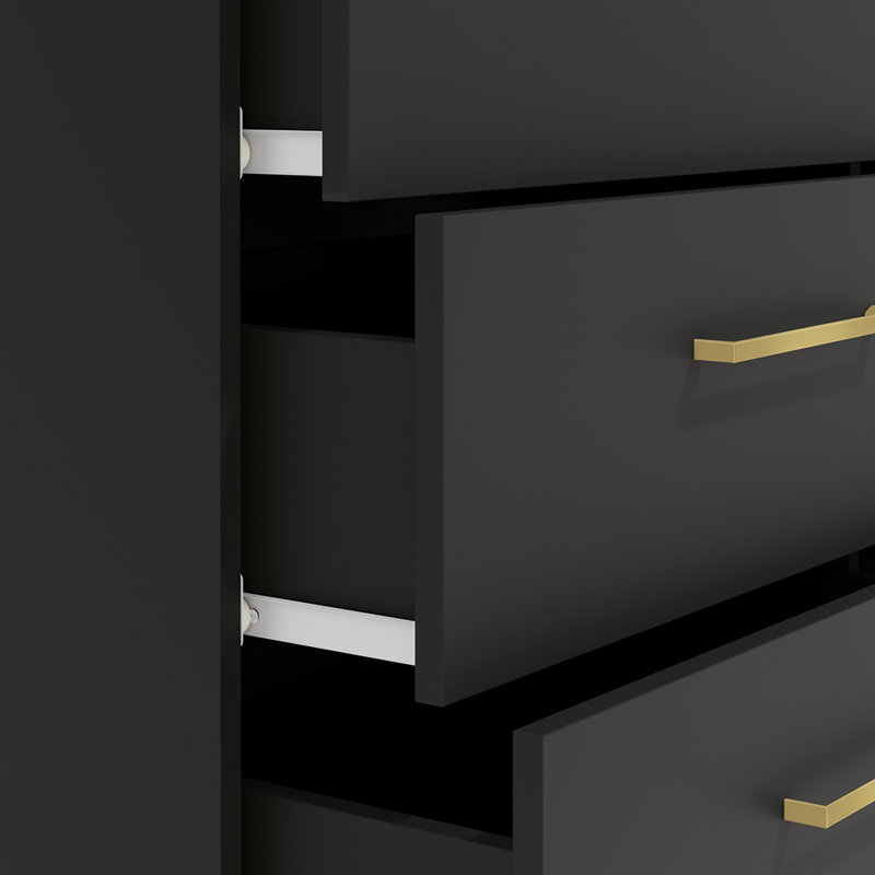 Commode horizontale à 6 tiroirs avec poignées dorées Jolyne - Rangement moderne pour chambre à coucher, Black
