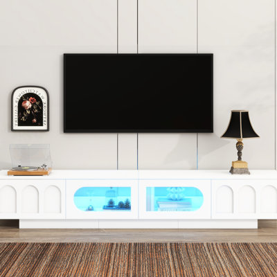 Up To 95" Tv Cabinet In White, With Geometric Design Doors And -Enabled Led Strip, Functional Entertainment Console Storage Modern Center 2 Drawers Cabinets, Stand Strip Via