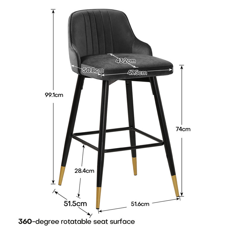 74Cm/65Cm Swivel Velvet Upholstered Counter & Bar Stool With Metal Frame , Grey, Bar Stool (74cm Seat Height)