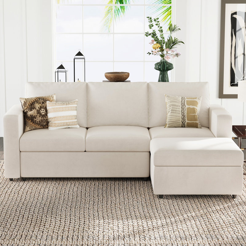 Rafael 5-Piece Velvet Apartment 3-Seat Sofa Sectional Sofa With Storage Ottoman, Beige Velvet