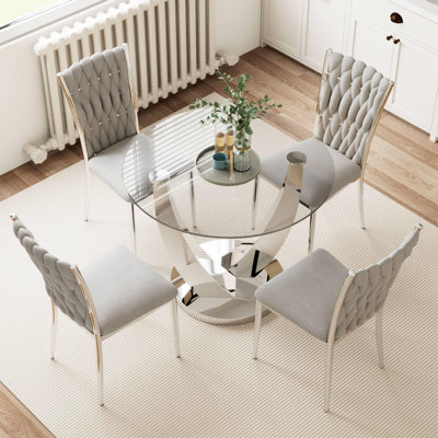 Ensemble de table de salle à manger 38,9 "en verre trempé 38,9" pour 4 personnes, ensemble de table et table en verre trempé avec 4 chaises en velours