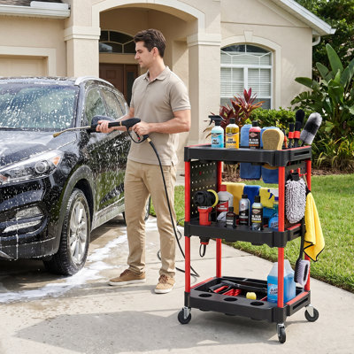 Chariot utilitaire à 3 niveaux avec roues, chariot à roulettes avec porte-bouteilles et panneau perforé pour le garage