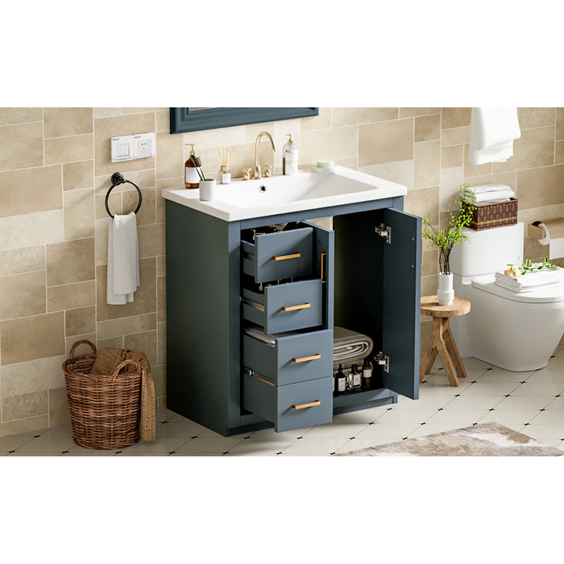 Armoire de salle de bain 30 po avec lavabo en céramique - planches en bois massif bleu 3 tiroirs et portes à fermeture douce