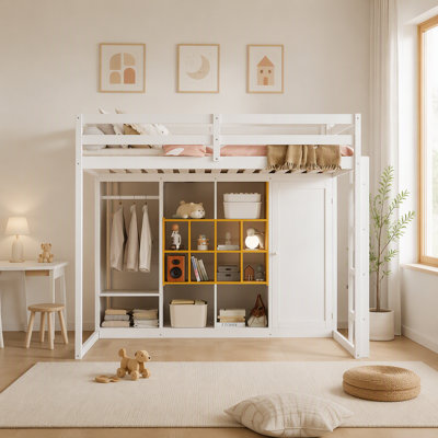 Lit mezzanine en bois pleine grandeur avec garde-robe, tablettes et armoire