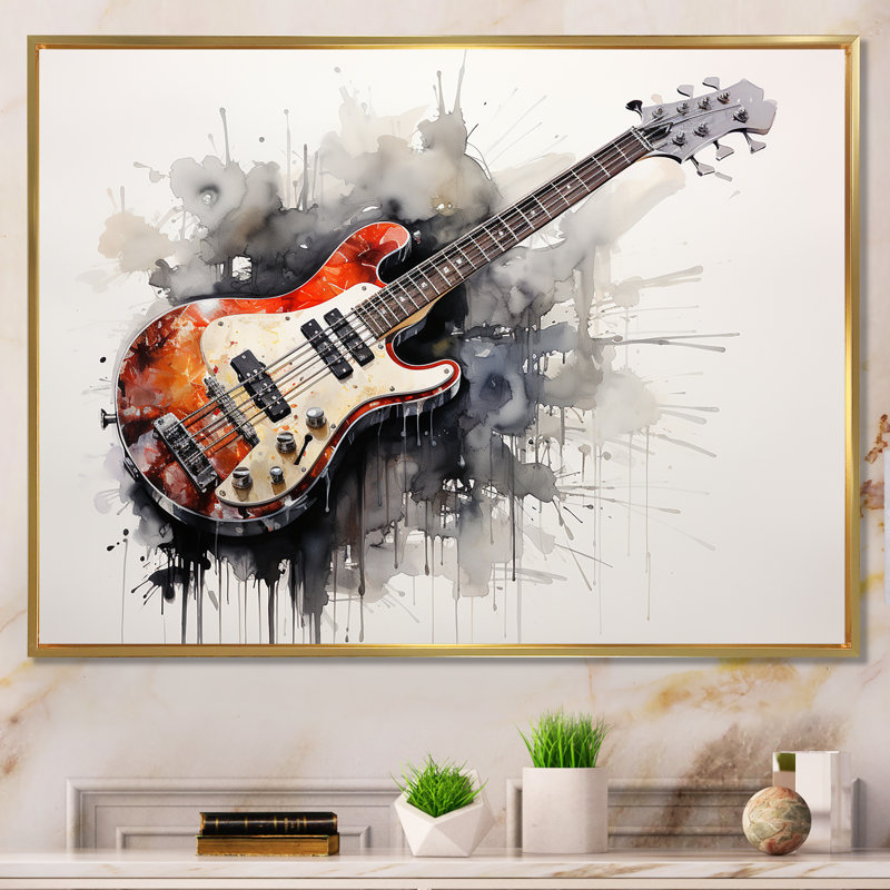 «Brown Charcoal Guitare», art mural musique, Cadre flottant doré, H 16 po x l 32 po x P 1 po
