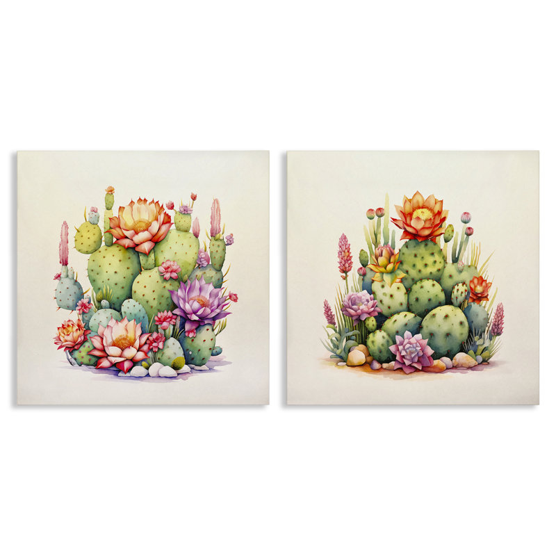 «Desert Spring Cactus Flowers», ensemble de 2 toiles murales par Andrea Haase, H 17 po x l 17 po