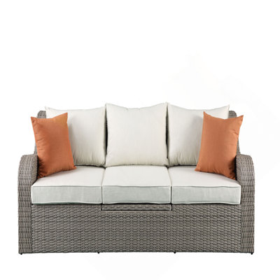 Canapé de patio en tissu et osier gris avec 2 coussins et 2 repose-pieds