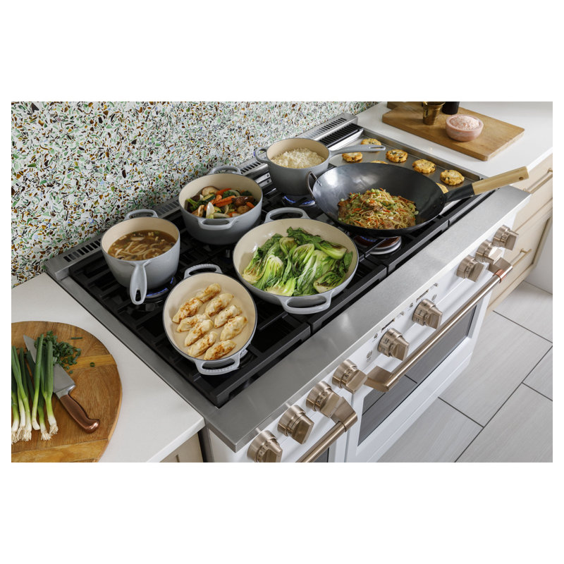 Café 48" Dual Fuel Sealed Burners Double Oven, Matte White, Brushed Bronze