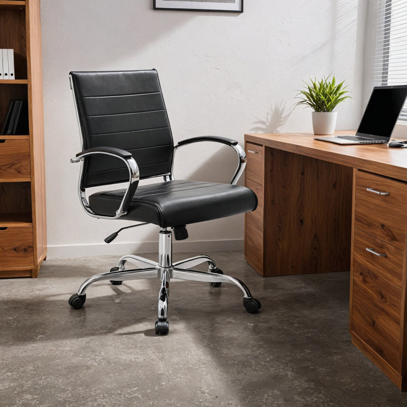 Mulkey Ribbed Faux Leather Mid-Back Office Chair, Mid Century Ergonomic Executive Desk Chair, Black
