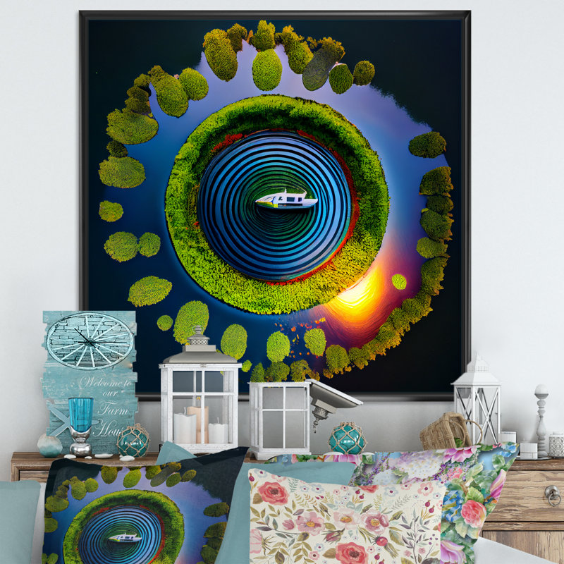 Arial View Small Boat On The Calm Lake I sur impression sur toile, H 16 po x l 16 po x P 1 po, Cadre flottant noir