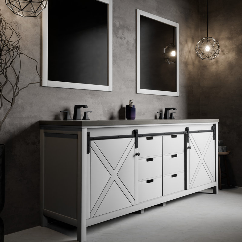 Marsyas 84 in W x 22 in D Double Bath Vanity and 34 in Mirrors, White, Gray Quartz