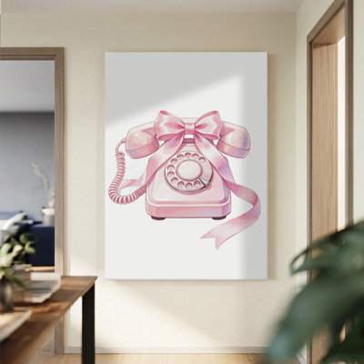 Téléphone à cadran rose avec nœud papillon, toile aquarelle Coquette, impression sur toile tendue sur châssis, 61 x 91 cm, décoration murale rétro rose et rouge pour salon, chambre et dressing.