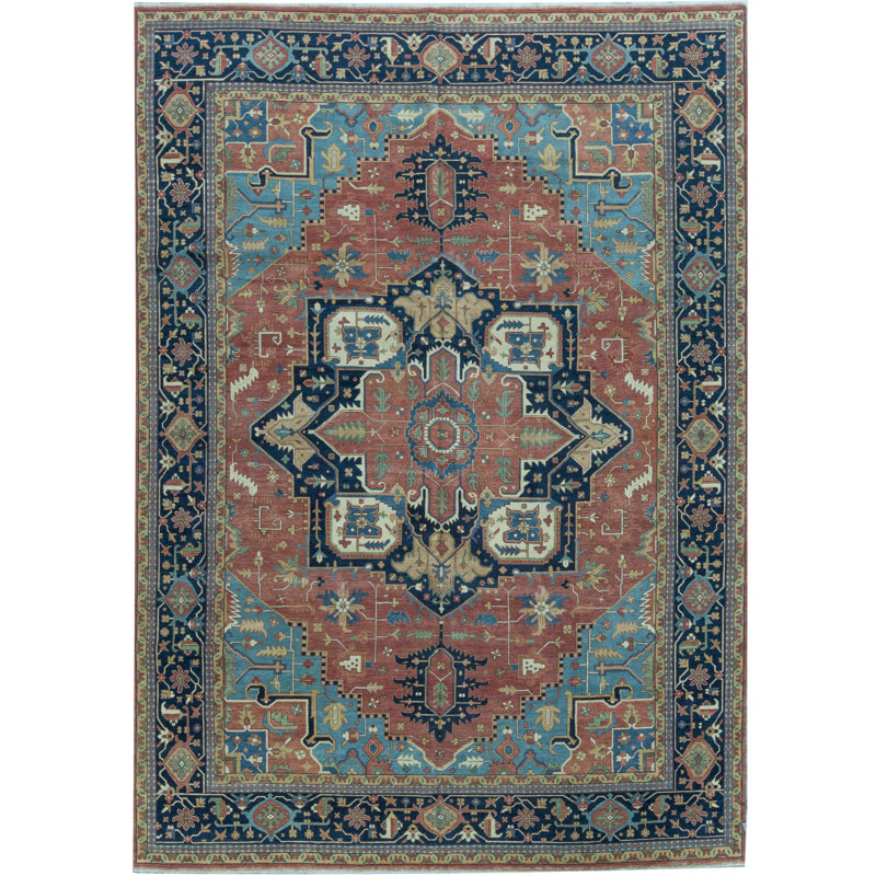 Tapis rouge et bleu noué à la main de haute qualité