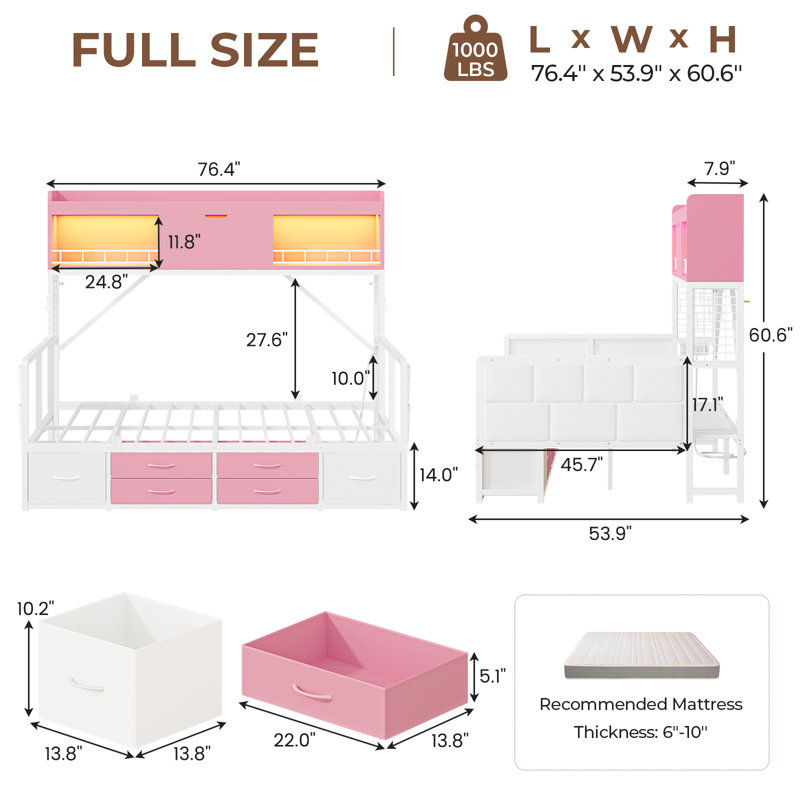 Daybed with High Bookcase & 6 Storage Drawers, 76.4"L x 53.9"W x 60.6"H, Full, Pink