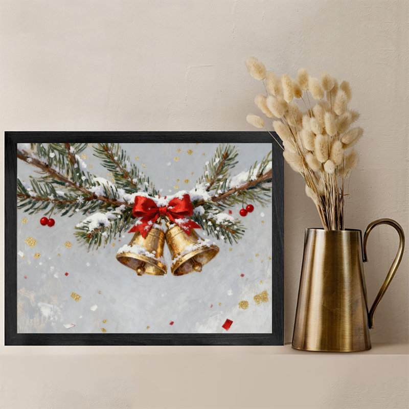 Reproduction d'art encadrée noire rétro, "La cloche de Noël sur le cèdre", H 13 po x l 17 po