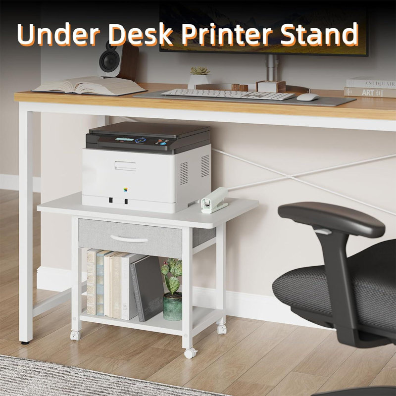 Large Printer Stand With Storage Drawer, 2-Tier Under Desk Printer Table For Home Office, Printer Cart Fit Fax Machine 3D Printer Scanner(Brown