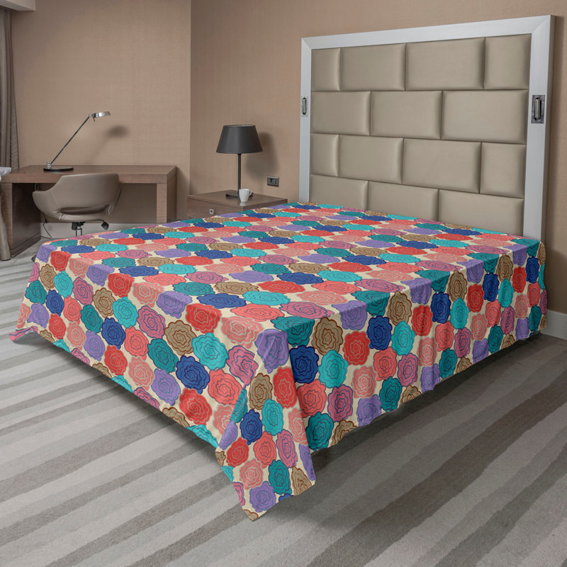 Drap plat moderne de style bohème Ambesonne, Moutarde pâle / bleu sarcelle / motif floral saum