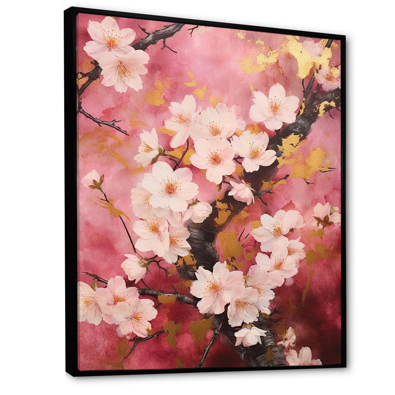 «Cherry Blossoms», collage rose foncé sur toile, Cadre flottant noir, H 32 po x l 16 po