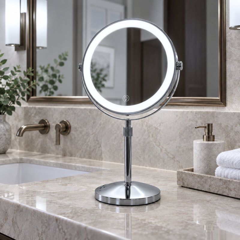 Miroir de maquillage rond en métal de 23 cm (9 pouces) avec double face DEL, grossissement 1X/10X, hauteur réglable, 3 modes de couleur et batterie rechargeable USB-C