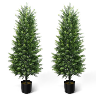 4' Artificial Cedar Topiary Trees in Pots, Set of 2, UV-Resistant Faux Evergreen Trees for Indoor and Outdoor Decor
