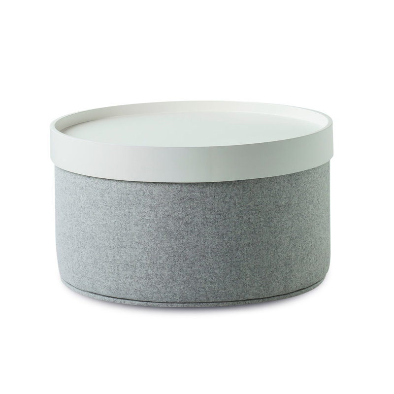 Celine 24" Wide Pouf A with Tray, Silver Wool, White Lacquer