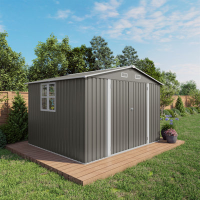 Remise de rangement extérieure 10 X 8 pi, grande remise de rangement en métal, porte verrouillable et évent d'air, remise pour outils de jardin à fenêtre transparente pour vélos, outils, tondeuses à gazon, arrière-cours, patios, pelouses - Gris