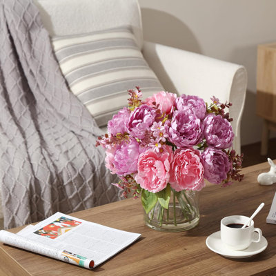 Bouquet de pivoines mixtes rouge et mauve homfan, fausses pivoines en soie avec bouteille en verre et eau artificielle pour centre de table de bouquets de mariage
