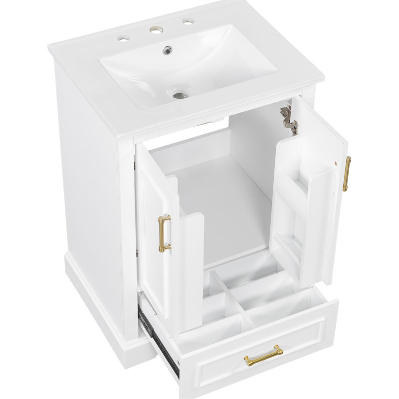Meuble-lavabo moderne de 24 po comprenant un lavabo en céramique, un pied en bois massif et deux tablettes pour un cadre de rangement spacieux, fonctionnel et fonctionnel, une solution pratique et spacieuse