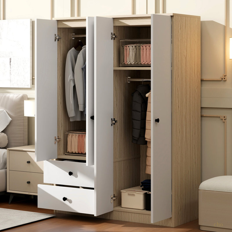 Garde-robe 4 portes avec tiroirs, tablette et tringle, blanc