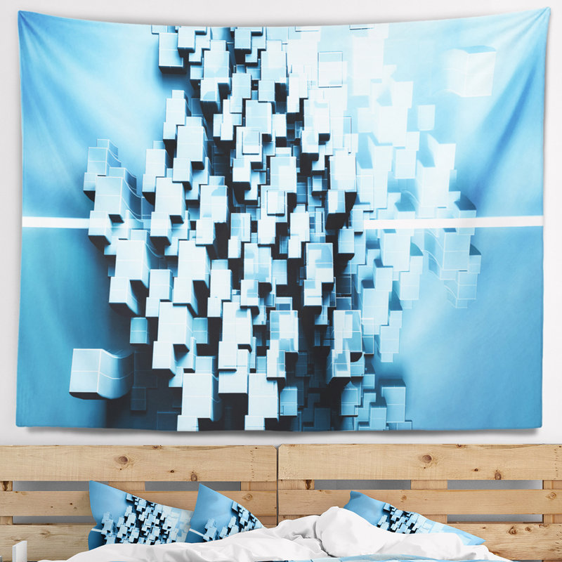 Tapisserie abstraite bleue à motif fractal en cubes 3D, H 68 po x l 80 po