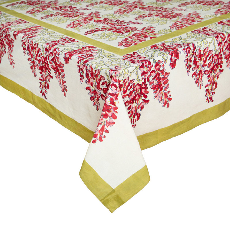 Wisteria Handmade Floral Tablecloth, 128" x 71", Pink/Green