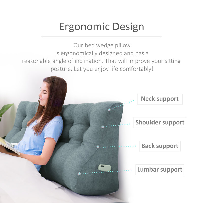 Sit-up Back Comfort Linen Bed Rest Back Contour Headboard Wedge Reading Pillow Compression, Queen, Gray