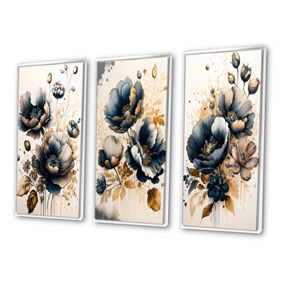 «Bleu marine et coquelicots dorés», 3 pièces sur toile