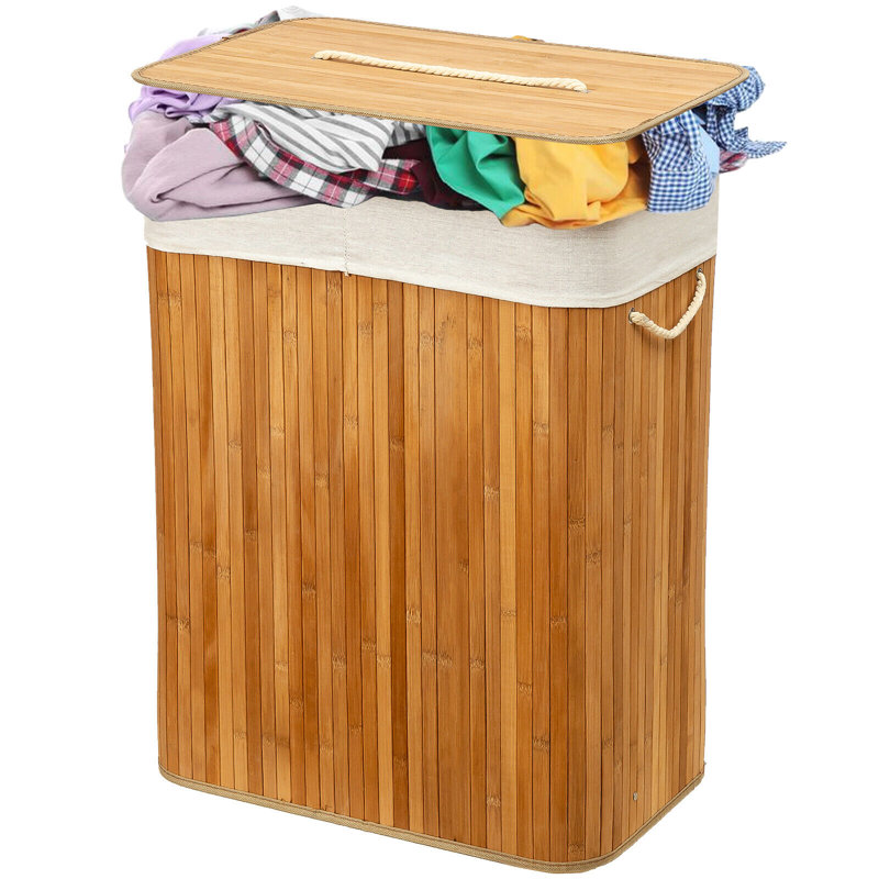 Rectangular Bamboo Laundry Basket-Natural With Div Bamboo Laundry Hamper with Handles, Natural, 54" H x 34" W x 24" D