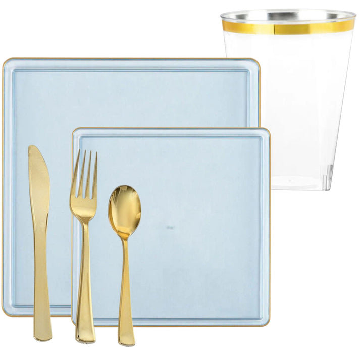 The Edge Collection Elegant Transparent Blue with Gold Rim Square Dinner Tableware COMBO Set, Transparent Blue