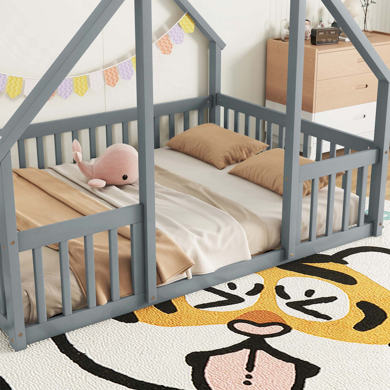 House-Shaped Floor Bed With Fence, Guardrails, Gray, Full