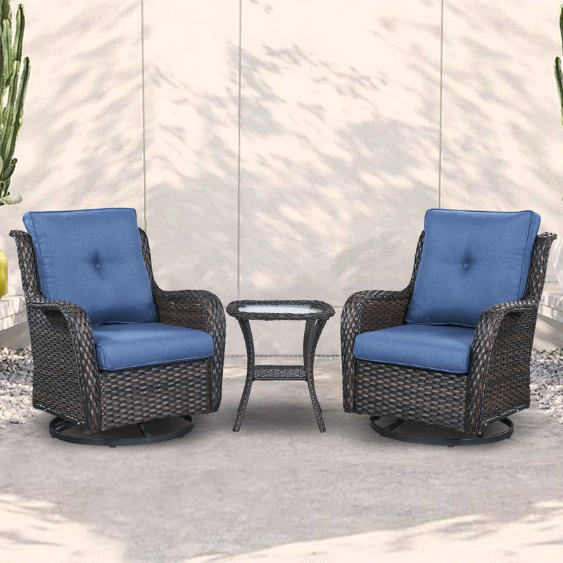 Chaises pivotantes d'extérieur en rotin d'osier avec table d'appoint (ensemble de 3), Brun, gris