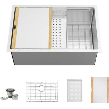 Akicon AK-WS301909R10 304 Stainless Steel 30 in. Single Bowl Undermount Workstation Kitchen Sink with Grid Cutting Board Colander Drying Rack Strainer