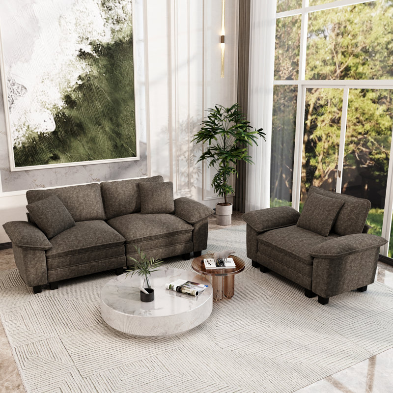 Ensemble de canapé modulaire rembourré 2 pièces, ensemble de canapé surdimensionné avec causeuse et fauteuil, Chenille cendré