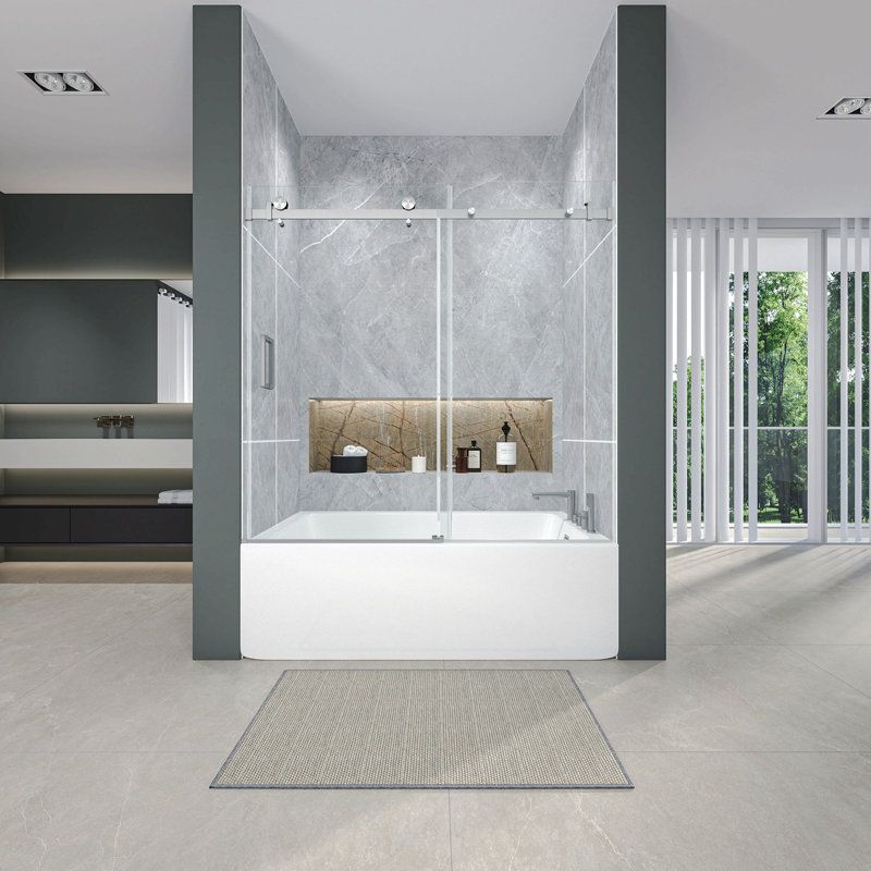 Porte de douche coulissante simple sans cadre l 56 à 60 po x H 60 po, verre trempé Sgcc épais de 1/4 po (6 mm), salle de bain / hôtel / appartement