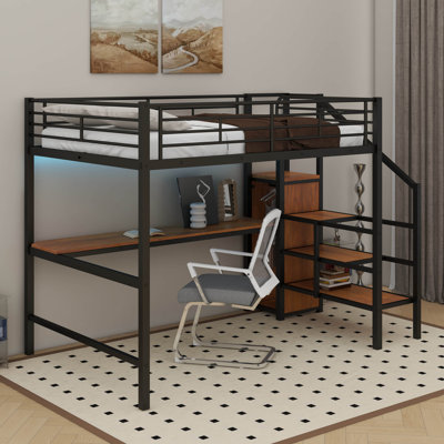 Lit mezzanine double en métal avec bureau, escalier de rangement et lumière DEL