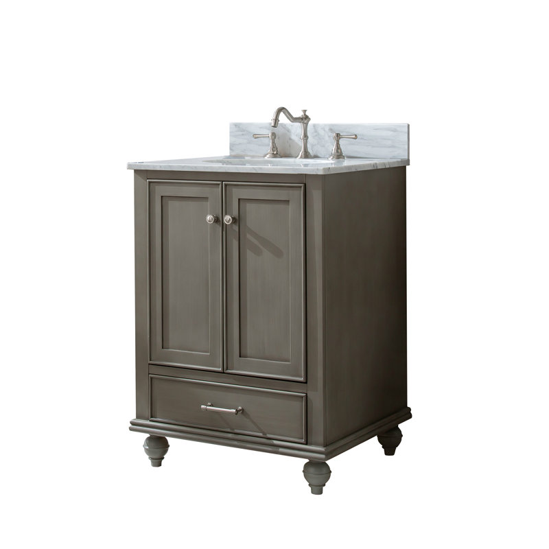 Ensemble de meuble-lavabo simple 24 po Angelissa, Gris argenté / nickel brossé, Pierre naturelle blanc de Carrare
